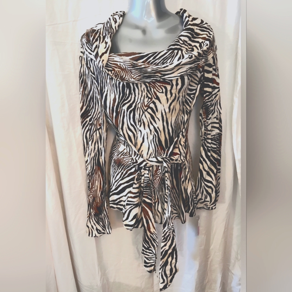 Zebra Print Cowl Necked Long Sleeve Silk Top